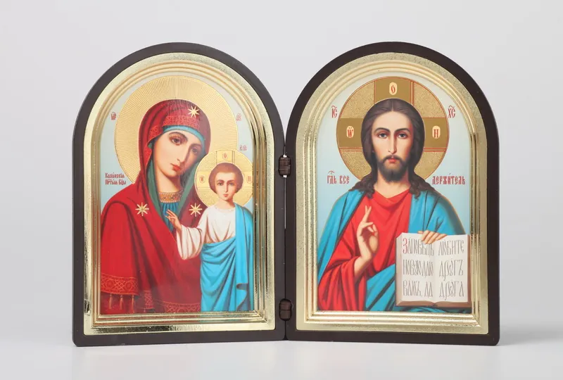 Icon in plastic frame folding icon 9×12 double arched frame brass-plated Saviour-Kazan Mother of God