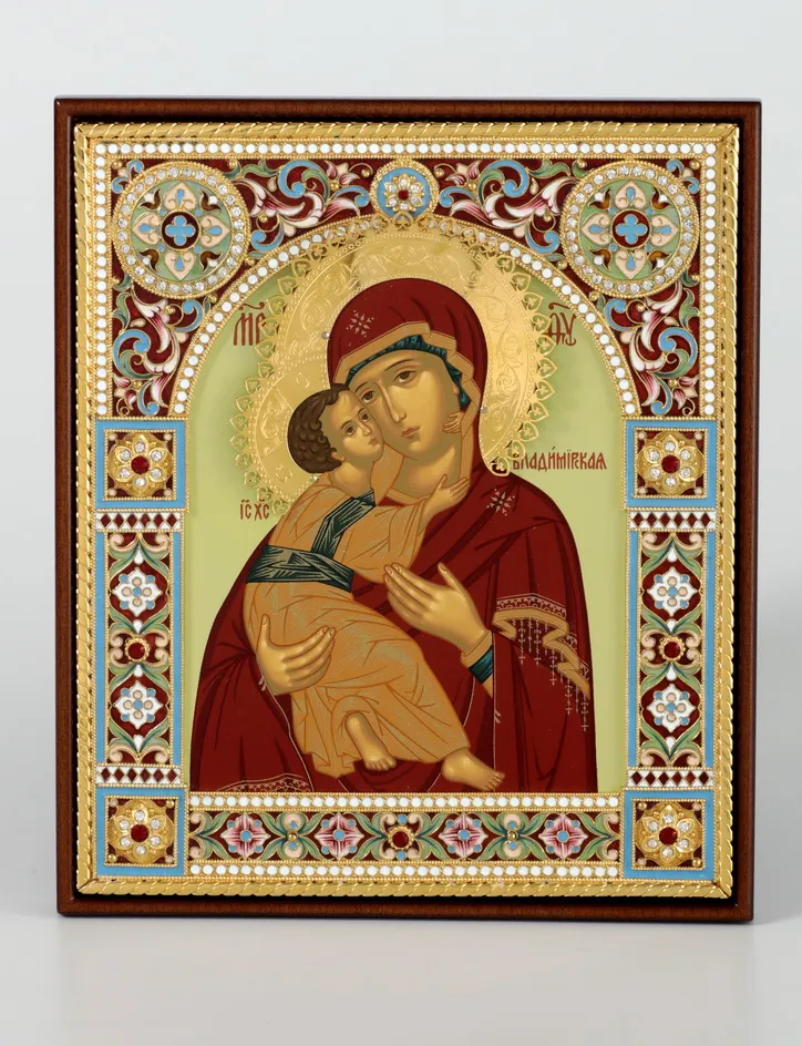 ხატი მოჭედილობაში 16×19 ფილიგრანი, მინანქარი, მოხატულობა / ტემპერა / მოოქროვება / ხის ჩარჩოში ვლადიმირის ღვთისმშობელი