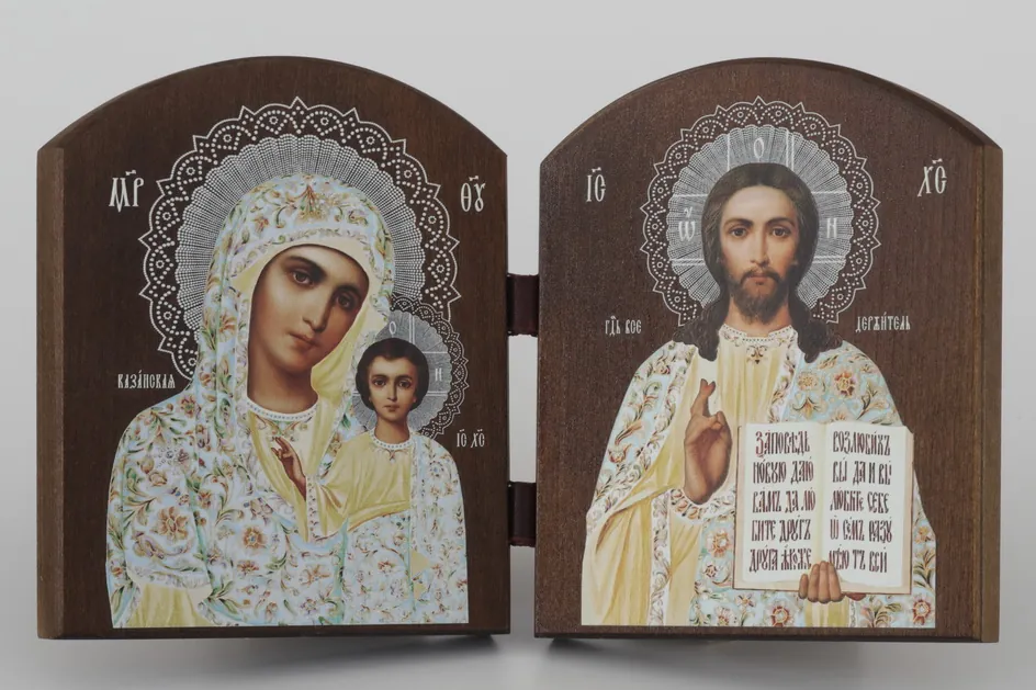 Carved folding icon arched, 10×12 3D print, varnish Saviour-Kazan Mother of God 1