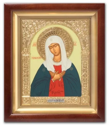 Icon in icon case 15×19 complex, tempera, halo crown, shaped frame, gilded Tenderness