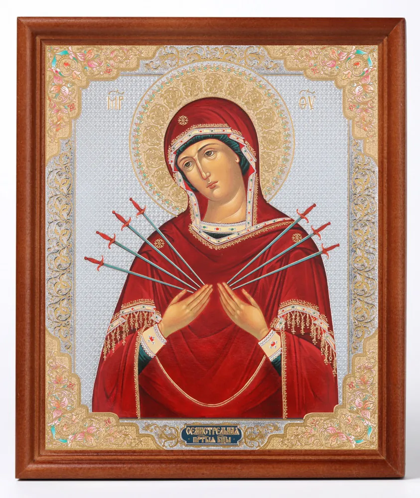 Icon in wooden frame №1 18×24 double embossing Seven Arrows Mother of God