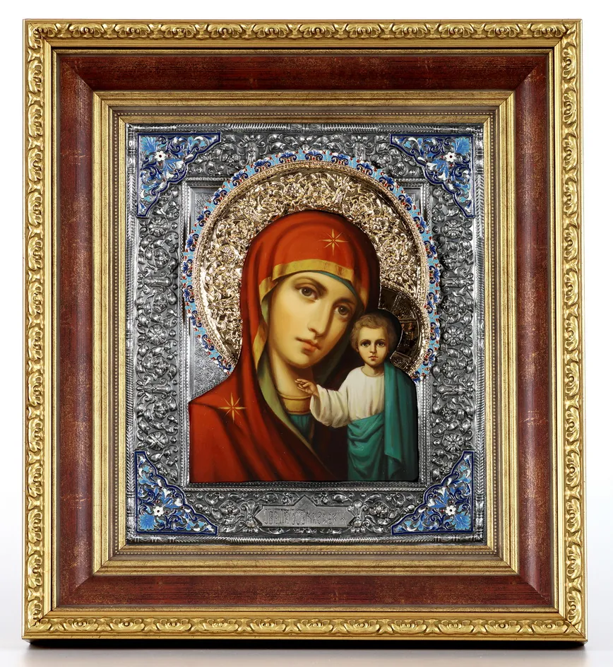 ფერწერული ხატი კიოტში 24×30 ზეთი, მოჭედილობა №1, გაშავებული მოვერცხლვა, მინანქარი, კიოტი №22 ყაზანის ღვთისმშობელი