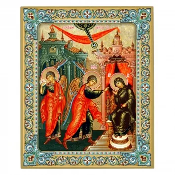 Icon on board 18×24 gilded finish, 3D print, varnish Annunciation 3