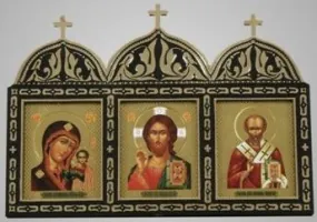 Icon in plastic frame 4,5×12 triple with adhesive tape embossing Kazan-Saviour-Nicholas the Wonderworker