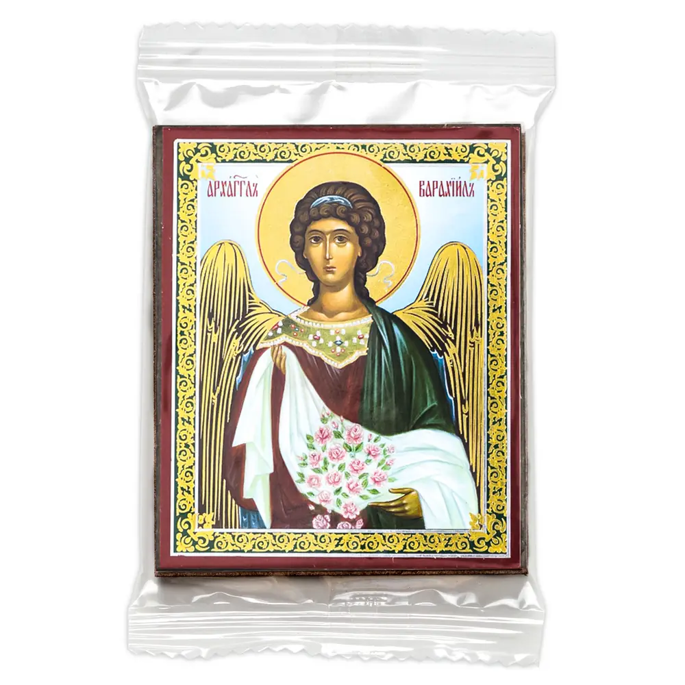 Icon on wooden panel 6×9 double embossing, annotation, packaging Archangel Barachiel