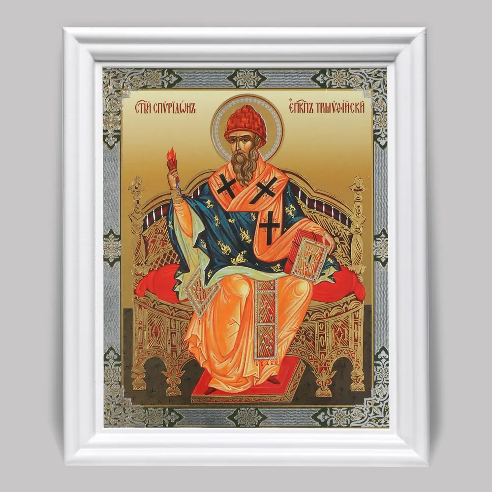 Icon in wooden frame №3 11×13 (white) double embossing Spyridon of Trimythous 3