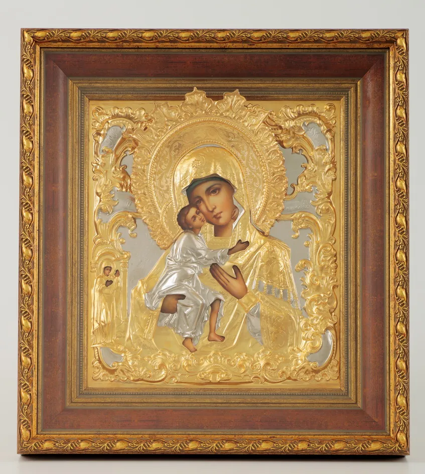 Painted icon in icon case 24×30 oil, riza cover №206, matte gilding, icon case №22 Feodorovskaya Mother of God