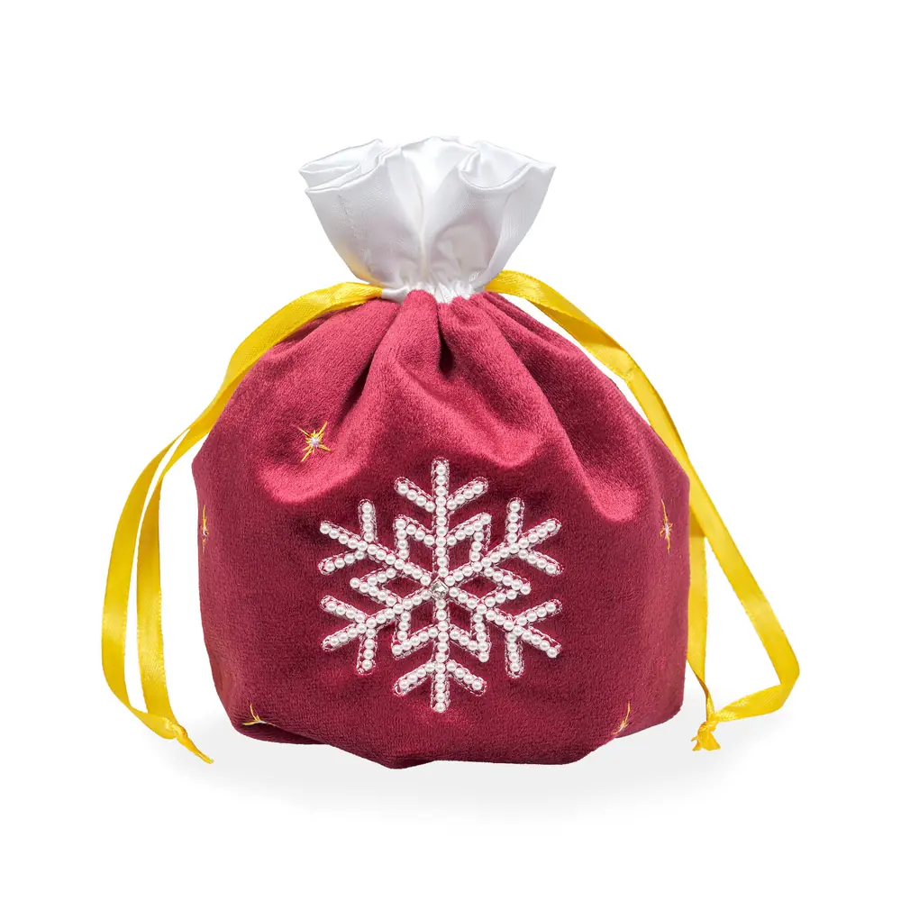 Pouch-ball for Christmas gifts with machine embroidery d 13×11 “Snowflake” burgundy