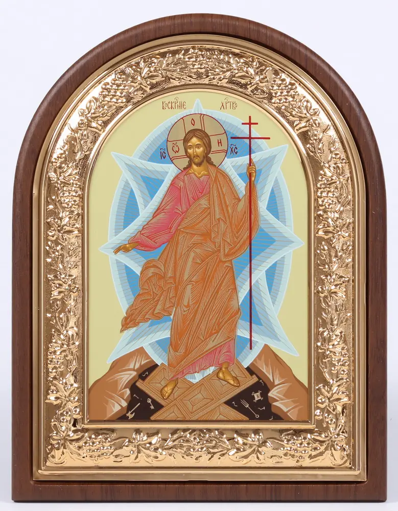 Icon in riza 18×24 arched, panel, gilded frame, tempera, packaging Resurrection of Christ 1