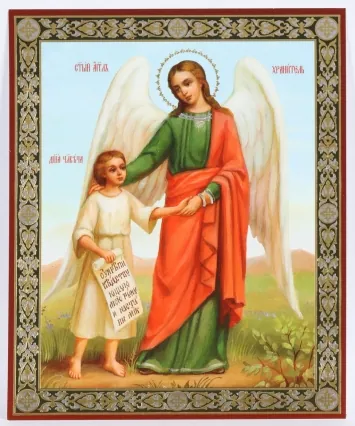 Icon on wooden panel 11×13 double embossing Guardian Angel with soul