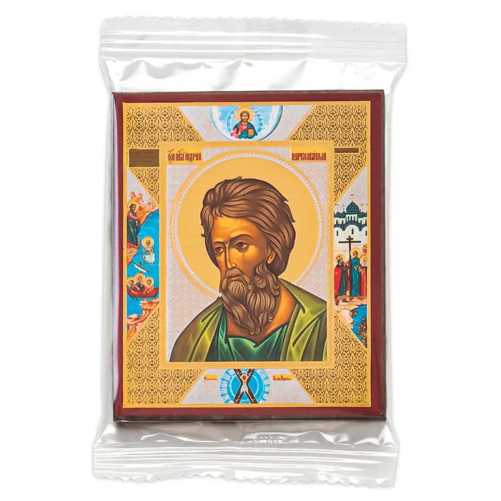 Icon on wooden panel 6×9 double embossing, annotation, packaging Andrew the First-Called
