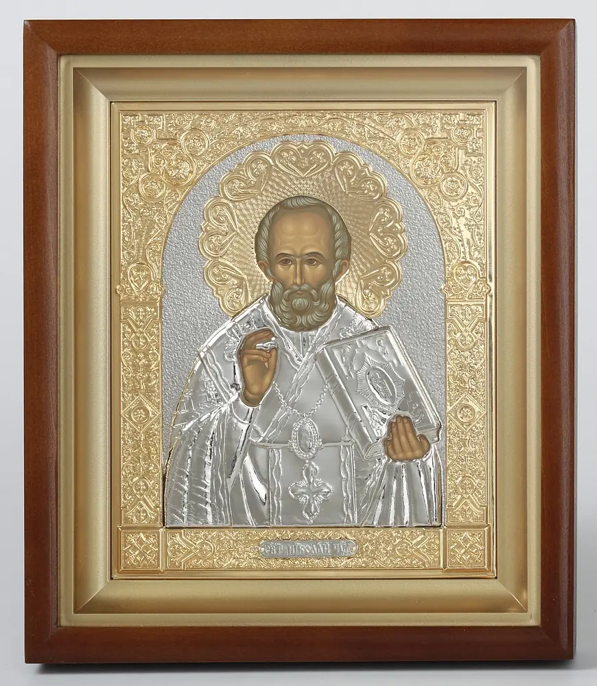 Icon in icon case 15×19 complex, tempera, 3D riza, nickel, gilding Nicholas the Wonderworker