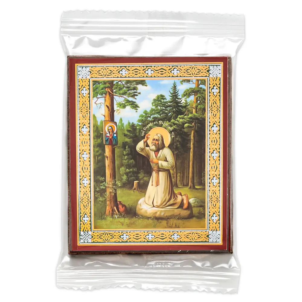 Icon on wooden panel 6×9 double embossing, annotation, packaging Prayer Seraphim of Sarov on stone