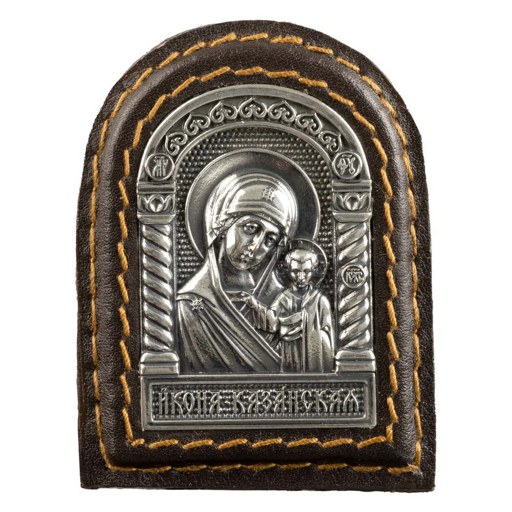 Icon in metal frame car on adhesive tape electroforming leather silver plating niello Kazan Mother of God
