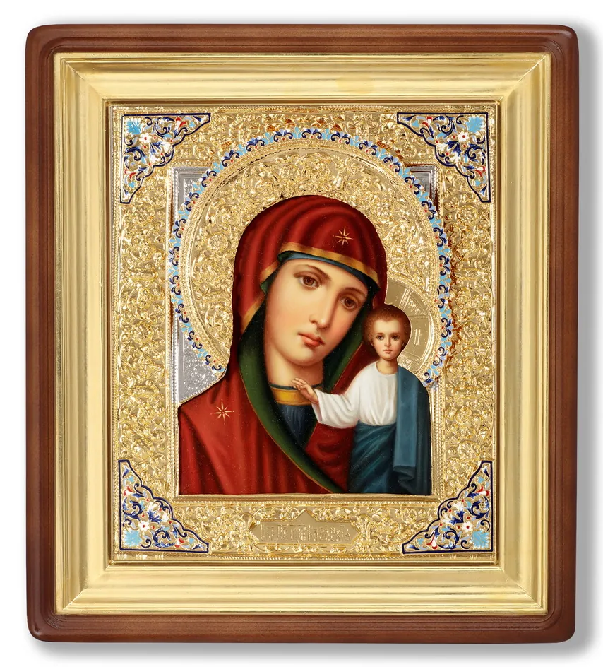 Painted icon in icon case 24×30 oil, riza cover №1, enamel, icon case №1 Kazan Mother of God