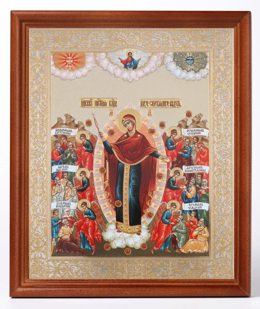 Icon in wooden frame №1 18×24 double embossing Joy of All Who Sorrow with coins №2