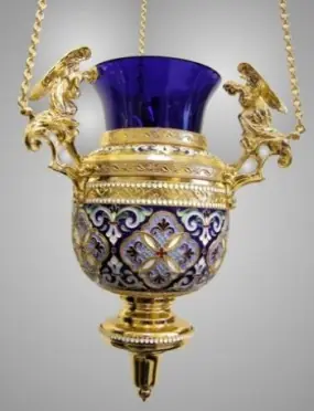 Hanging vigil lamp with angels filigree, enamel / gilding