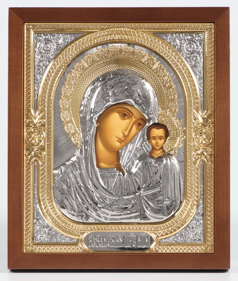 ხატი კიოტში 18×24 ფიგურული №2 ტემპერა, ქვეჩარჩოს გარეშე, მოჭედილობა, ნიკელი, მოოქროვილი ყაზანის ღვთისმშობელი