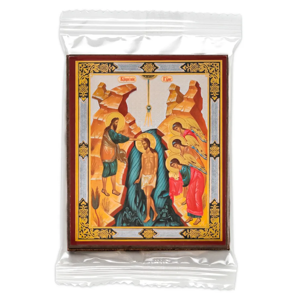 Icon on wooden panel 6×9 double embossing, annotation, packaging Baptism of the Lord