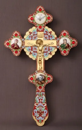 Altar cross shaped 4-enamel miniatures, cast Crucifixion, enamel / gilding