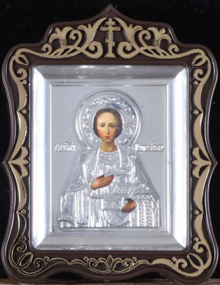 Icon in plastic frame icon case 6×7 carved metallised with riza Panteleimon