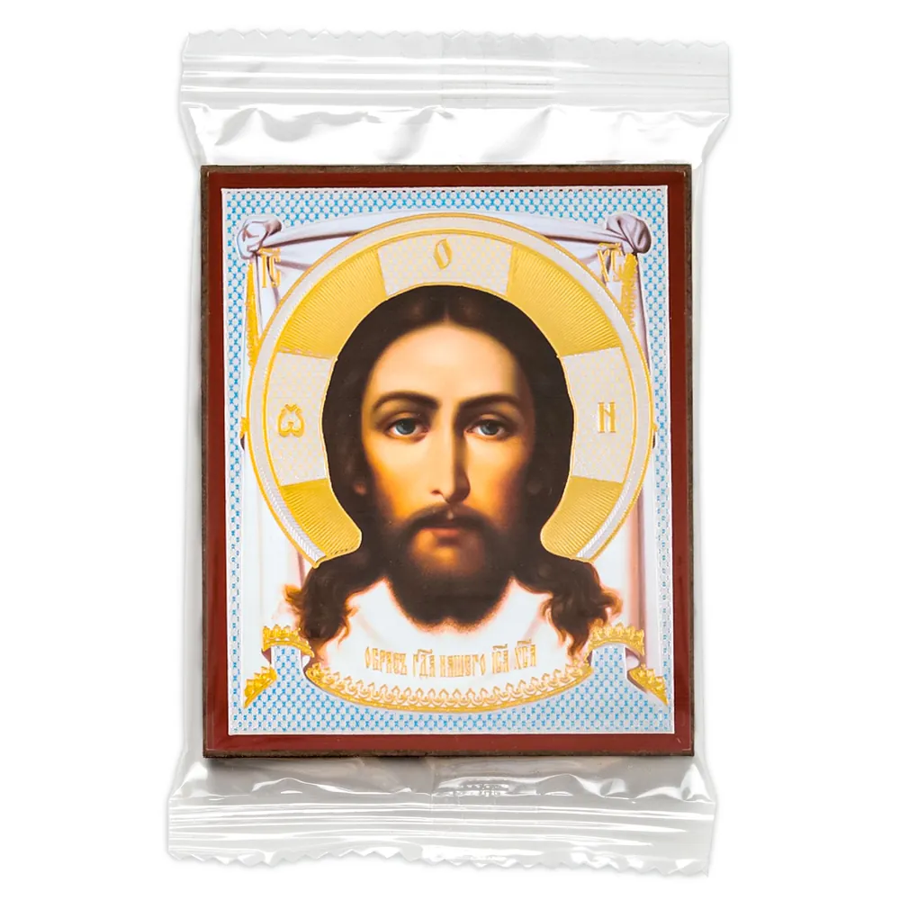 Icon on wooden panel 6×9 double embossing, annotation, packaging Saviour Not Made by Hands