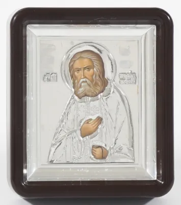 Icon in plastic frame 6×7 metallised riza cover Seraphim of Sarov