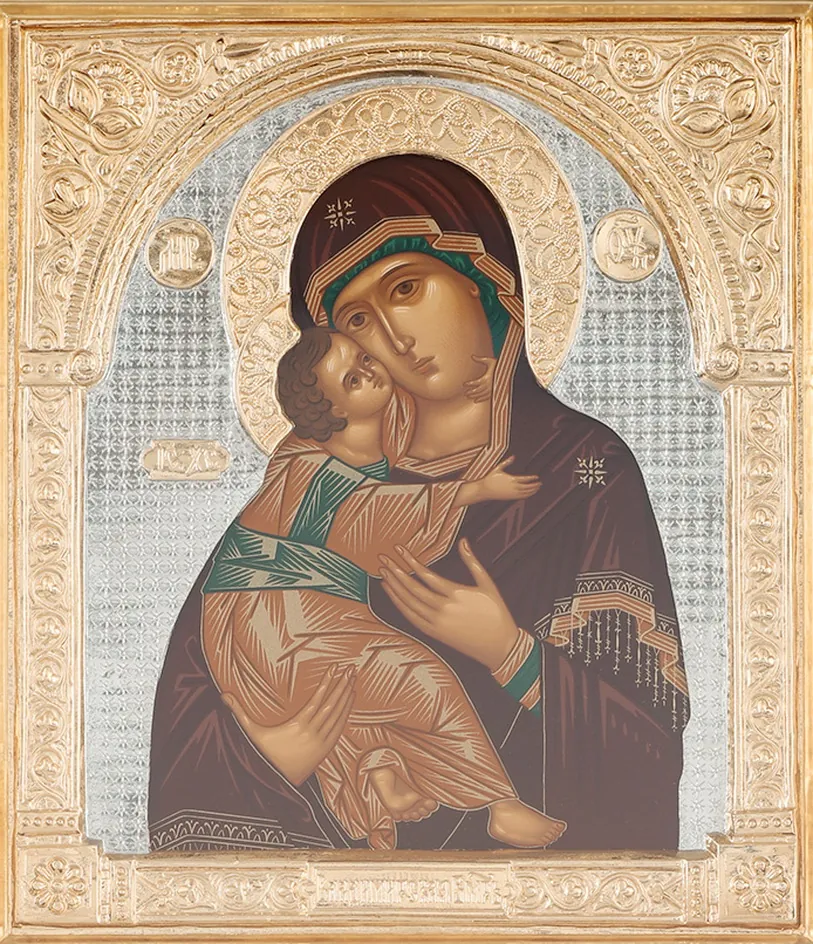 Painted icon of the Mother of God «Vladimir» 24×30, tempera, riza cover №46, gilding