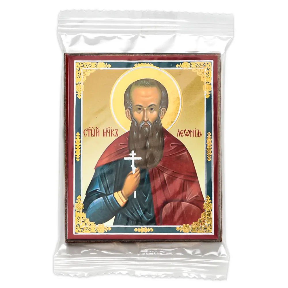 Icon on wooden panel 6×9 double embossing, annotation, packaging Leonidas 2