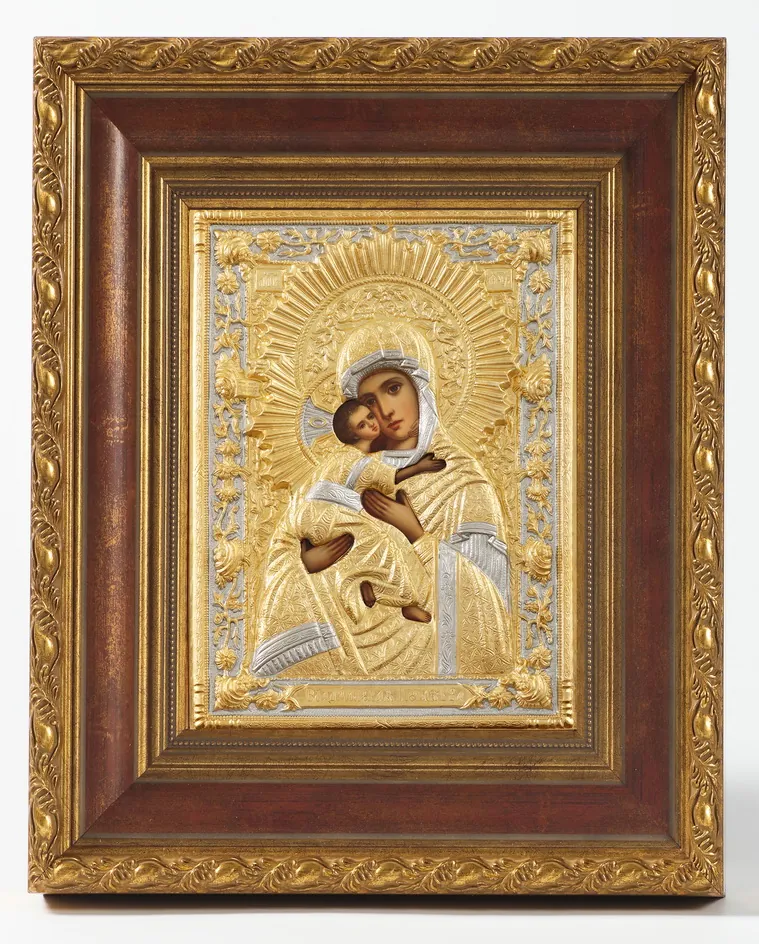 Painted icon in icon case 18×24 oil, riza cover №234, matte gilding, icon case №22 Vladimir Mother of God