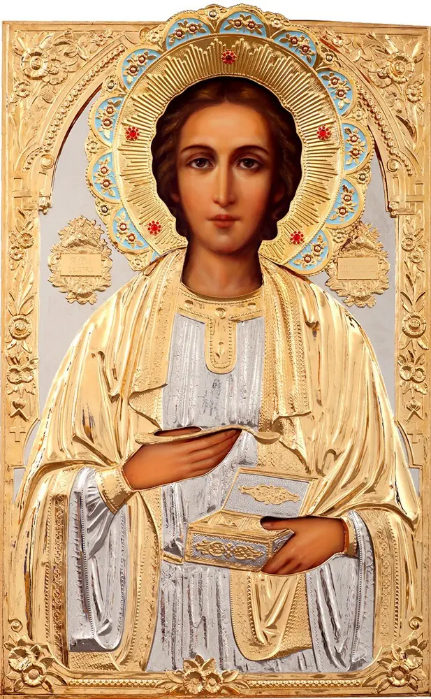 ფერწერული ხატი დიდმოწამე და მკურნალ პანტელეიმონის 70×110, ზეთი, მოჭედილობა №149, მოოქროვება, მინანქარი, სტრაზები