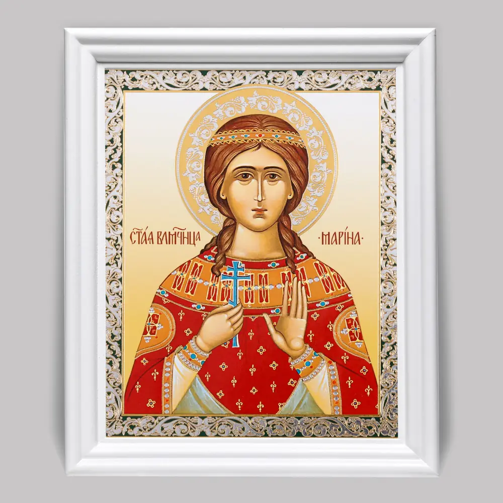 Икона в деревянной рамке №3 11х13 (белая) двойное тиснение Марина Антиохийская, вмц. (2)