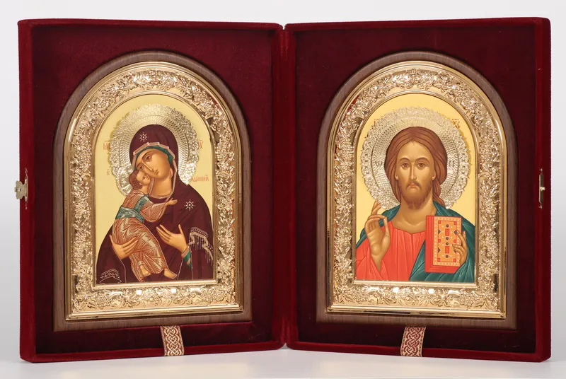 Folding icon in case 18×24 velvet, tempera, arched, frame and halo crown gilded Saviour-Vladimir Mother of God