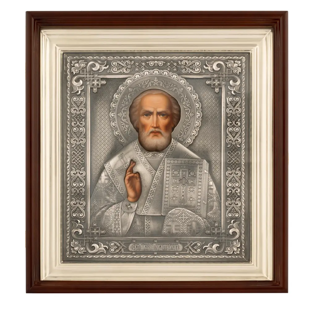 Painted icon in icon case 24×30 oil, riza cover №305, niello silver plating, icon case №1 Nicholas the Wonderworker