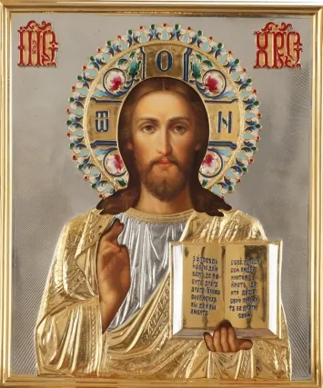 Painted icon of the Saviour 24×30, oil, riza cover №80, enamel, gilding