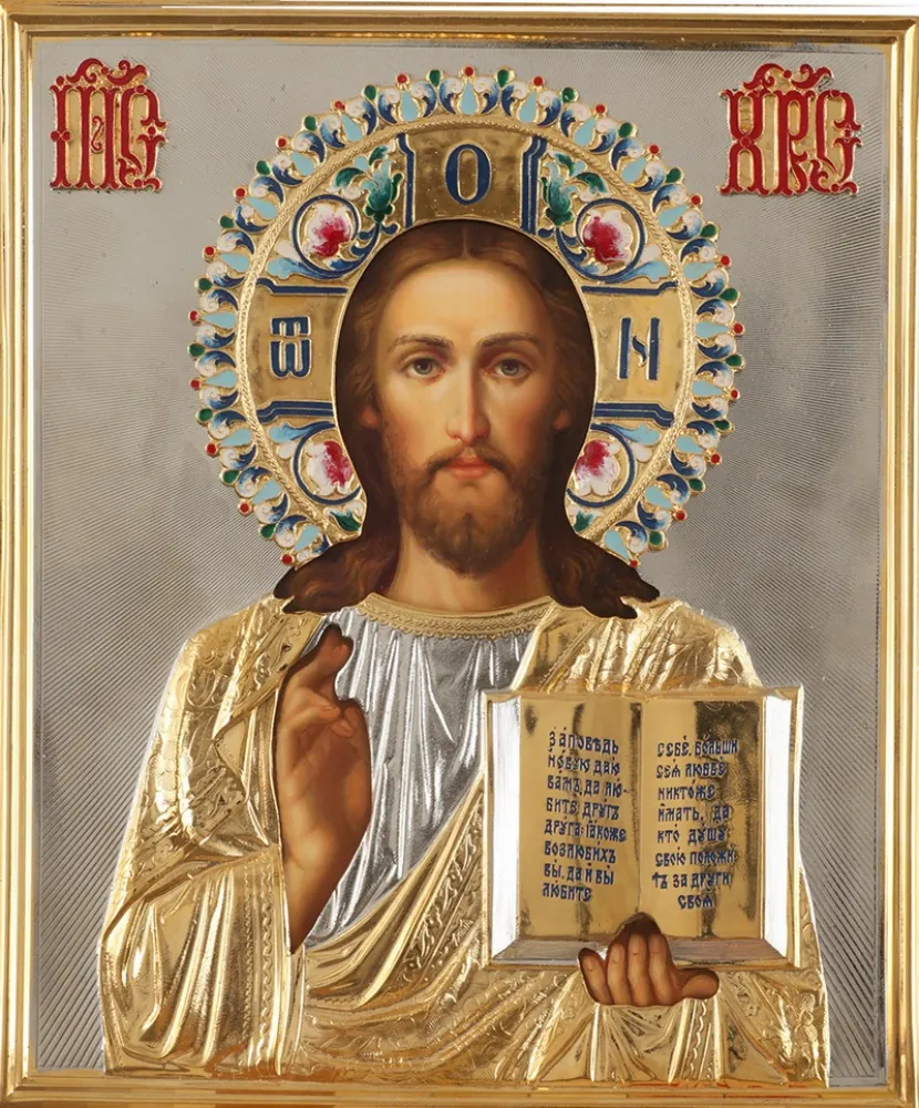Painted icon of the Saviour 24×30, oil, riza cover №80, enamel, gilding