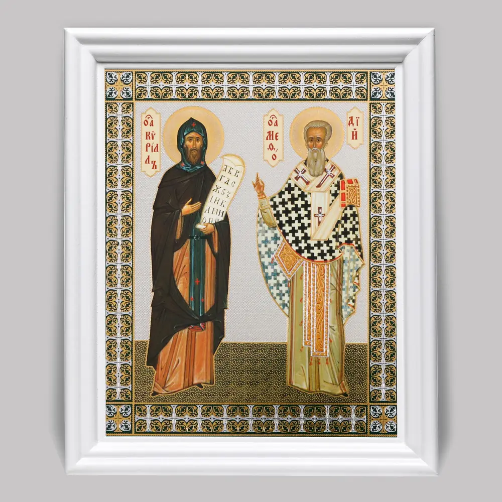 Icon in wooden frame №3 11×13 (white) double embossing Cyril and Methodius