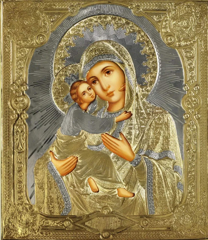 Painted icon of the Mother of God «Vladimir» 24×30, oil, riza cover №225, gilding