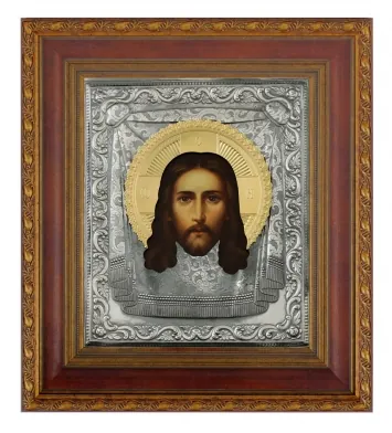 Painted icon in icon case 24×30 oil, riza cover №248, niello silver plating, icon case №22 Saviour Not Made by Hands
