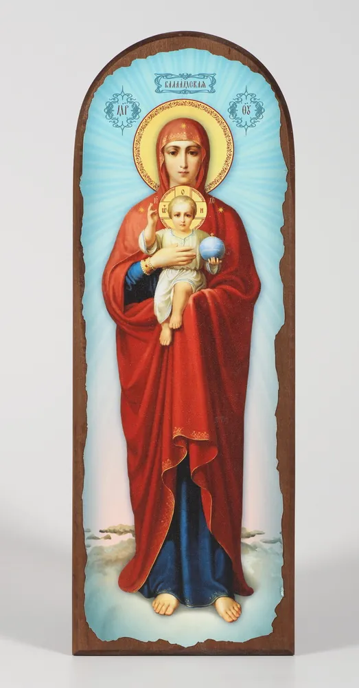 Icon on wood 18×50 arched, canvas, packaging Valaam Mother of God (light-blue background)