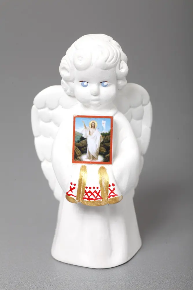 Guardian Angel plaster sculpture with icon Resurrection of Christ