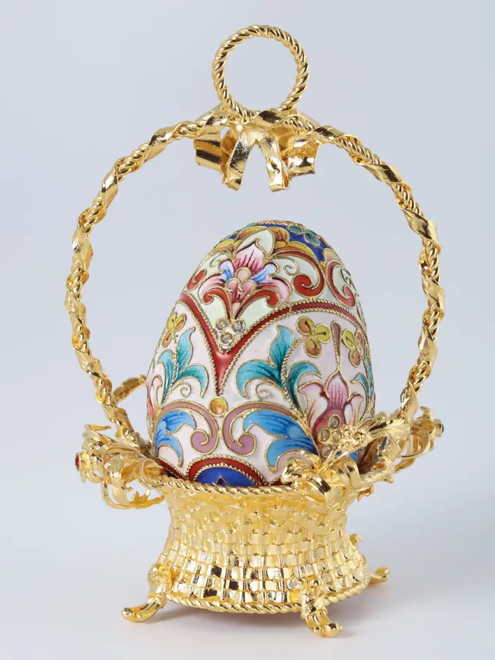 Easter egg filigree, enamel, painting in basket / gilding