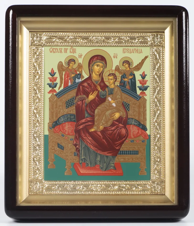 Икона в киоте 18х24 фигурный, темпера, рамка золочёная Всецарица