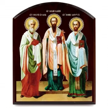 Icon on board 10×12 3D print, arched, varnish Three Holy Hierarchs