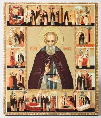 Икона на доске 22х26 объёмная печать, лак Сергий Радонежский с житием
