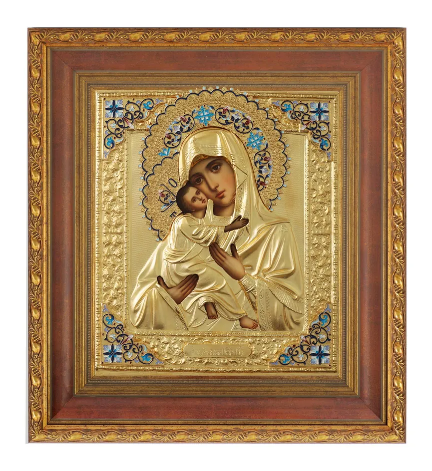 Painted icon in icon case 24×30 oil, riza cover №6, matte glossy gilding, enamel, icon case №22 Vladimir Mother of God