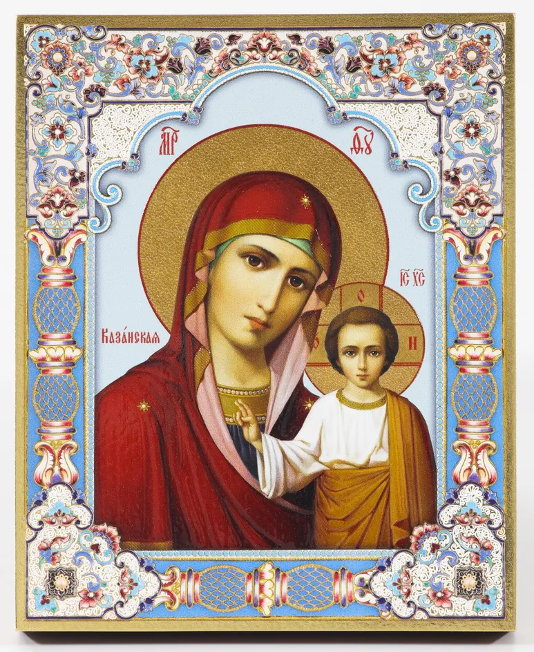 Icon on board 13×15 gilded finish, 3D print, varnish Kazan Mother of God 1