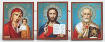 Wooden folding icons 7×18 three-leaf, double embossing Saviour-Kazan Mother of God-Nicholas the Wonderworker 34