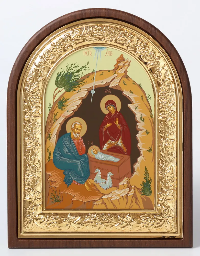Icon in riza 18×24 arched, panel, gilded frame, tempera, packaging Nativity of Christ 2