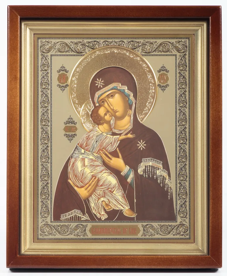 Icon in icon case 22×26 complex, triple embossing, halo crown gilded Vladimir Mother of God
